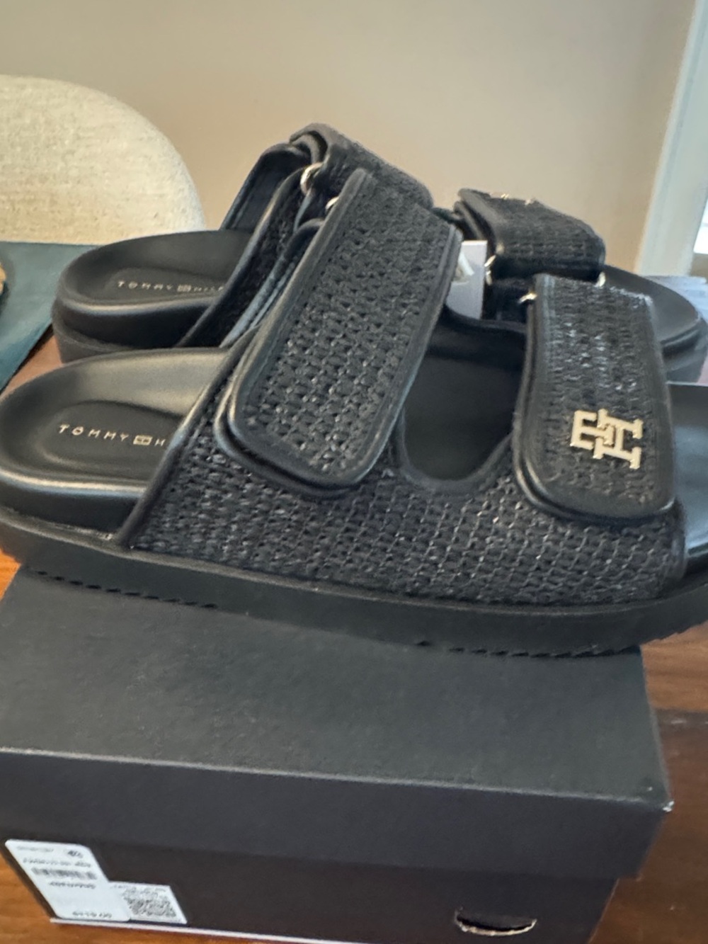 Tommy Hilfiger Black Woven Dual-Strap Slide Sandals